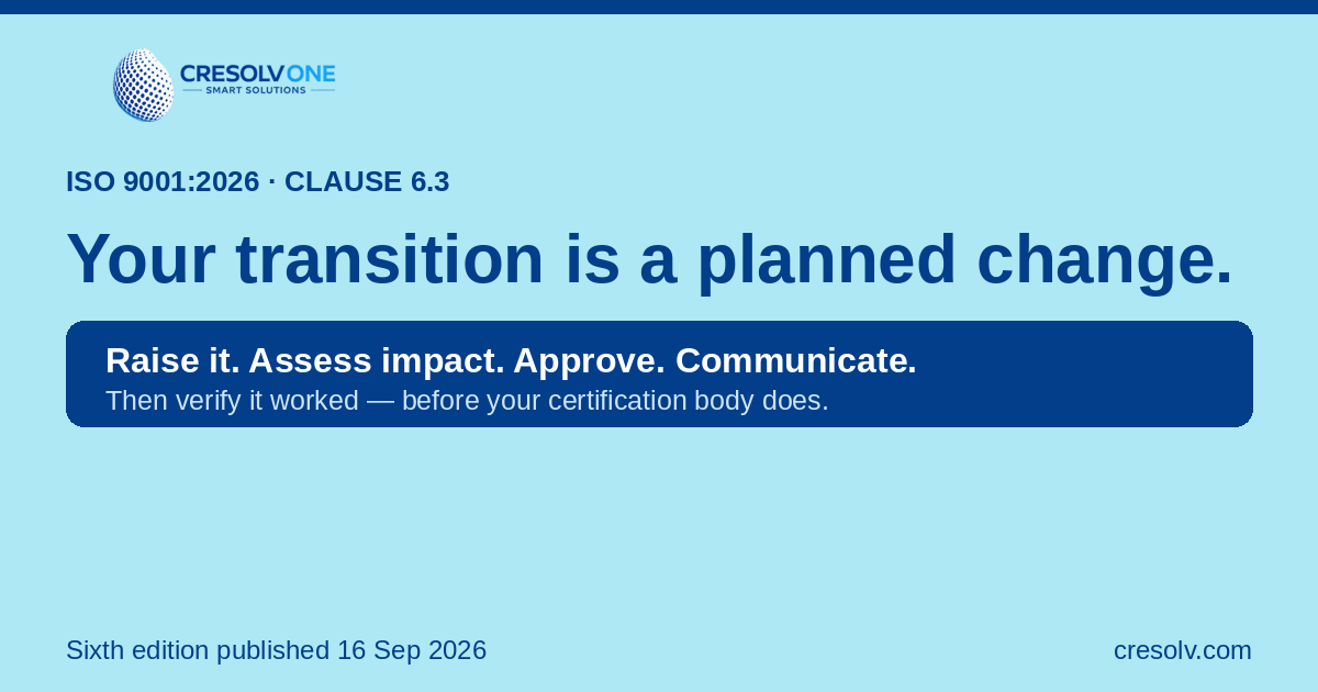 ISO 9001:2026 transition as a planned change under Clause 6.3